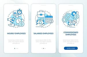 Payroll processing methods blue onboarding mobile app screen. Wage walkthrough 3 steps editable graphic instructions with linear concepts. UI, UX, GUI template vector