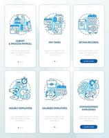 Payroll processing blue onboarding mobile app screen set. Walkthrough 3 steps editable graphic instructions with linear concepts. UI, UX, GUI template vector