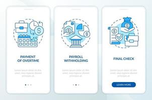 Employee grievances on wage issues blue onboarding mobile app screen. Walkthrough 3 steps editable graphic instructions with linear concepts. UI, UX, GUI template vector