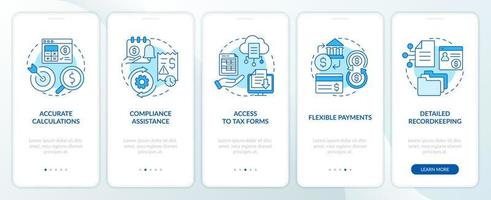 Payroll management software pros blue onboarding mobile app screen. Walkthrough 5 steps editable graphic instructions with linear concepts. UI, UX, GUI template vector