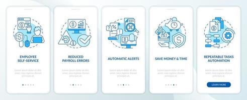 Payroll processing software pros blue onboarding mobile app screen. Walkthrough 5 steps editable graphic instructions with linear concepts. UI, UX, GUI template vector
