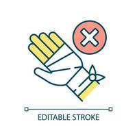 Injured hand with cancel sign RGB color icon. Gloves requirement. Equipment safety. Worker protection. Isolated vector illustration. Simple filled line drawing. Editable stroke