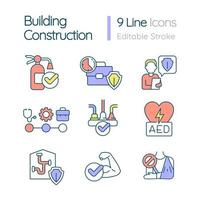 Building construction RGB color icons set. Workplace safety. Occupational health. Isolated vector illustrations. Simple filled line drawings collection. Editable stroke