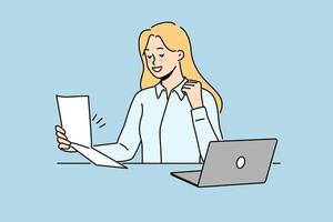 Excited woman sit at desk work on computer read good news in paper letter. Smiling female employee triumph with great message in paperwork correspondence. Vector illustration.