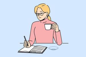 Woman sit at table drink coffee taking notes in notebook. Girl handwrite in pad enjoy drink from cup at home. Vector illustration.