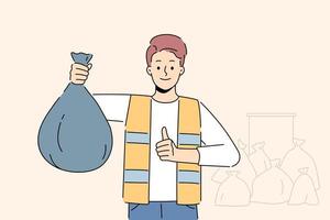 Garbage collector holding plastic bag with waste in hands show thumb up. Smiling male cleaner with bag of wastage and disposal. Occupation concept. Vector illustration.