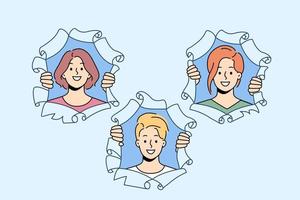 sonriente personas Mira fuera de papel agujeros contento hombres y mujer caras mirar fijamente a cámara desde Rasgado agujeros vector ilustración.