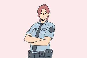 Smiling female police officer in uniform standing with arms crossed. Happy woman guard feeling confident show power and strength. Vector illustration.