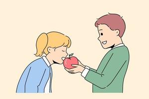 Smiling little children share fresh apple. Happy boy give bite delicious fruit with girl kid. Childhood and friendship. Vector illustration.