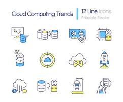 Cloud computing trends RGB color icon set. Data storage process. Collecting digital information. Isolated vector illustration. Simple filled line drawing. Editable stroke