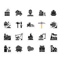 Coal mining black glyph icons set on white space. Personal protective equipment. Heavy industry. Source of fossil fuel. Silhouette symbols. Solid pictogram pack. Vector isolated illustration