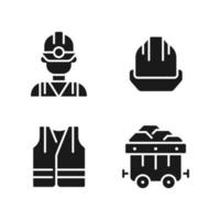 Coal miner protective equipment black glyph icons set on white space. Reflective vest and hardhat. Heavy industry. Silhouette symbols. Solid pictogram pack. Vector isolated illustration