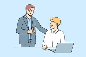 Smiling businessman show thumb up to male employee working on laptop in office. Happy employer praise good working man busy at computer. Vector illustration.