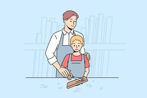 Caring father teach son carpentry in workshop. Loving dad and little boy child engaged in artisan and woodwork. Hobby and leisure. Vector illustration.