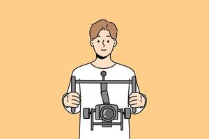 Male operator with professional camera with stabilizer in hands. Man videographer holding dslr camera filming with stabilization. Vector illustration.