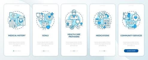 Chronic disease care plan blue onboarding mobile app screen. Walkthrough 5 steps editable graphic instructions with linear concepts. UI, UX, GUI template vector