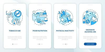 Chronic disease risk factors blue onboarding mobile app screen. Walkthrough 4 steps editable graphic instructions with linear concepts. UI, UX, GUI template vector