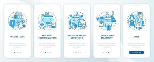Chronic care management challenges blue onboarding mobile app screen. Walkthrough 5 steps editable graphic instructions with linear concepts. UI, UX, GUI template vector