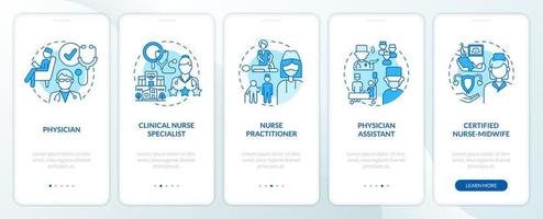 Chronic care management providers blue onboarding mobile app screen. Walkthrough 5 steps editable graphic instructions with linear concepts. UI, UX, GUI template vector