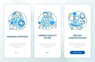 Goals of chronic disease management blue onboarding mobile app screen. Walkthrough 3 steps editable graphic instructions with linear concepts. UI, UX, GUI template vector