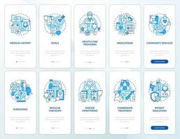 Chronic conditions management blue onboarding mobile app screen set. Walkthrough 5 steps editable graphic instructions with linear concepts. UI, UX, GUI template vector