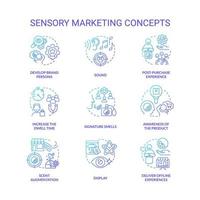 Sensory marketing blue gradient concept icons set. Appealing to customer senses idea thin line color illustrations. Brand development. Isolated symbols vector