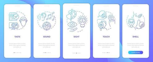 sensorial receptores en publicidad azul degradado inducción móvil aplicación pantalla. recorrido 5 5 pasos gráfico instrucciones con lineal conceptos. ui, ux, gui modelo vector