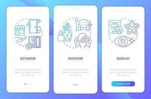 visualización en Al por menor márketing azul degradado inducción móvil aplicación pantalla. recorrido 3 pasos gráfico instrucciones con lineal conceptos. ui, ux, gui modelo vector