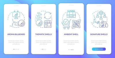 Olfactory branding types blue gradient onboarding mobile app screen. Walkthrough 4 steps graphic instructions with linear concepts. UI, UX, GUI template vector