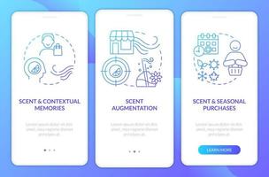 Aroma marketing in commerce blue gradient onboarding mobile app screen. Walkthrough 3 steps graphic instructions with linear concepts. UI, UX, GUI template vector