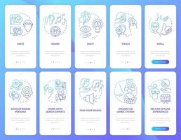 Sensory advertising blue gradient onboarding mobile app screen set. Feelings walkthrough 5 steps graphic instructions with linear concepts. UI, UX, GUI template vector