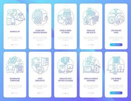 Reduce heat energy consumption onboarding blue gradient mobile app screen set. Walkthrough 5 steps graphic instructions with linear concepts. UI, UX, GUI template vector