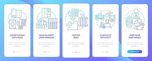 Keep warm during power outage onboarding blue gradient mobile app screen. Tips walkthrough 5 steps graphic instructions with linear concepts. UI, UX, GUI template vector