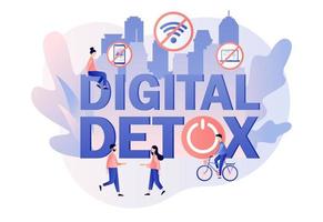 Digital detox. Freedom from internet, smartphones and social media. Tiny people relax in nature. Offline life. Power button. Modern flat cartoon style. Vector illustration on white background