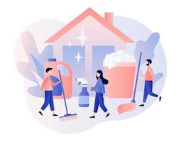 Tiny people clean house with cleaning tools. Cleaning service. Professional hygiene service for domestic households. Modern flat cartoon style. Vector illustration on white background