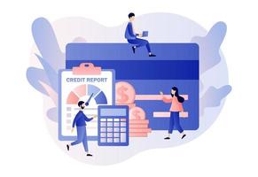 Credit rating. Credit report. Tiny people analysts credit risk control. Personal credit score information and financial rating. Modern flat cartoon style. Vector illustration on white background