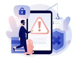 Internet hacker attack and personal data security concept. Attention sign on screen smartphone. Tiny anonymous hacker man attacking. Mobile security technology. Modern flat cartoon style. Vector