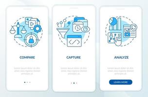 Personalized marketing strategy blue onboarding mobile app screen. Walkthrough 3 steps editable graphic instructions with linear concepts. UI, UX, GUI template vector