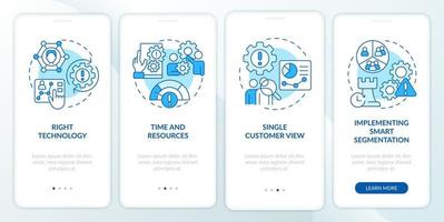 Individual marketing tasks blue onboarding mobile app screen. Walkthrough 4 steps editable graphic instructions with linear concepts. UI, UX, GUI template vector