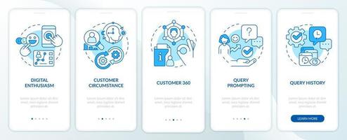 Improve customers experience blue onboarding mobile app screen. Walkthrough 5 steps editable graphic instructions with linear concepts. UI, UX, GUI template vector