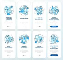 Personalized marketing blue onboarding mobile app screen set. Goals walkthrough 4 steps editable graphic instructions with linear concepts. UI, UX, GUI template vector