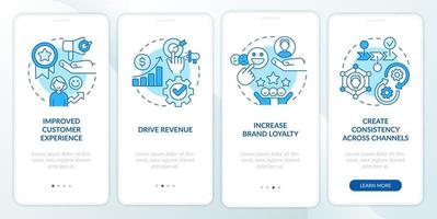 Individual marketing benefits blue onboarding mobile app screen. Walkthrough 4 steps editable graphic instructions with linear concepts. UI, UX, GUI template vector