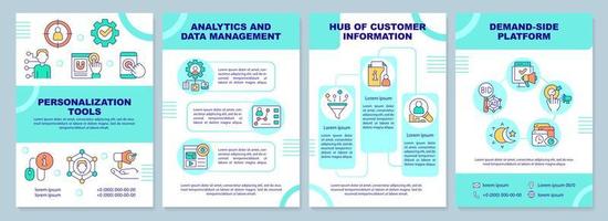 Personalization marketing tools turquoise brochure template. Leaflet design with linear icons. Editable 4 vector layouts for presentation, annual reports