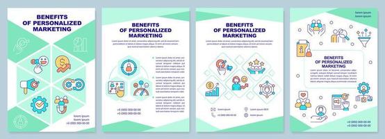 Benefits of personalized marketing mint brochure template. Leaflet design with linear icons. Editable 4 vector layouts for presentation, annual reports