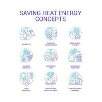 Consuming heat energy less blue gradient concept icons set. Save electricity. Prepare house for winter idea thin line color illustrations. Isolated symbols vector