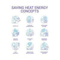 Consuming heat energy less blue gradient concept icons set. Save electricity. Prepare house for winter idea thin line color illustrations. Isolated symbols vector