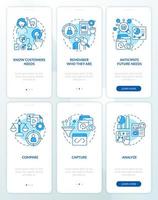 Analyze customer behavior blue onboarding mobile app screen set. Walkthrough 3 steps editable graphic instructions with linear concepts. UI, UX, GUI template vector