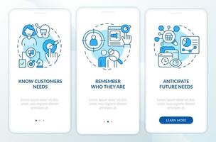 Customer behavior strategy blue onboarding mobile app screen. Walkthrough 3 steps editable graphic instructions with linear concepts. UI, UX, GUI template vector