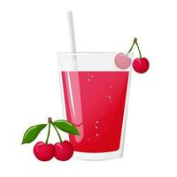 Glass of cherry juice and cherries isolated on white background. For labels, menus, poster, print, or packaging design. Vector illustration