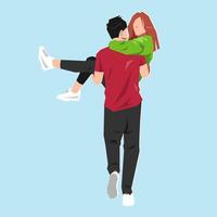 man carrying woman with happy expression. lovers, couple. isolated on blue background. back view. flat vector illustration.